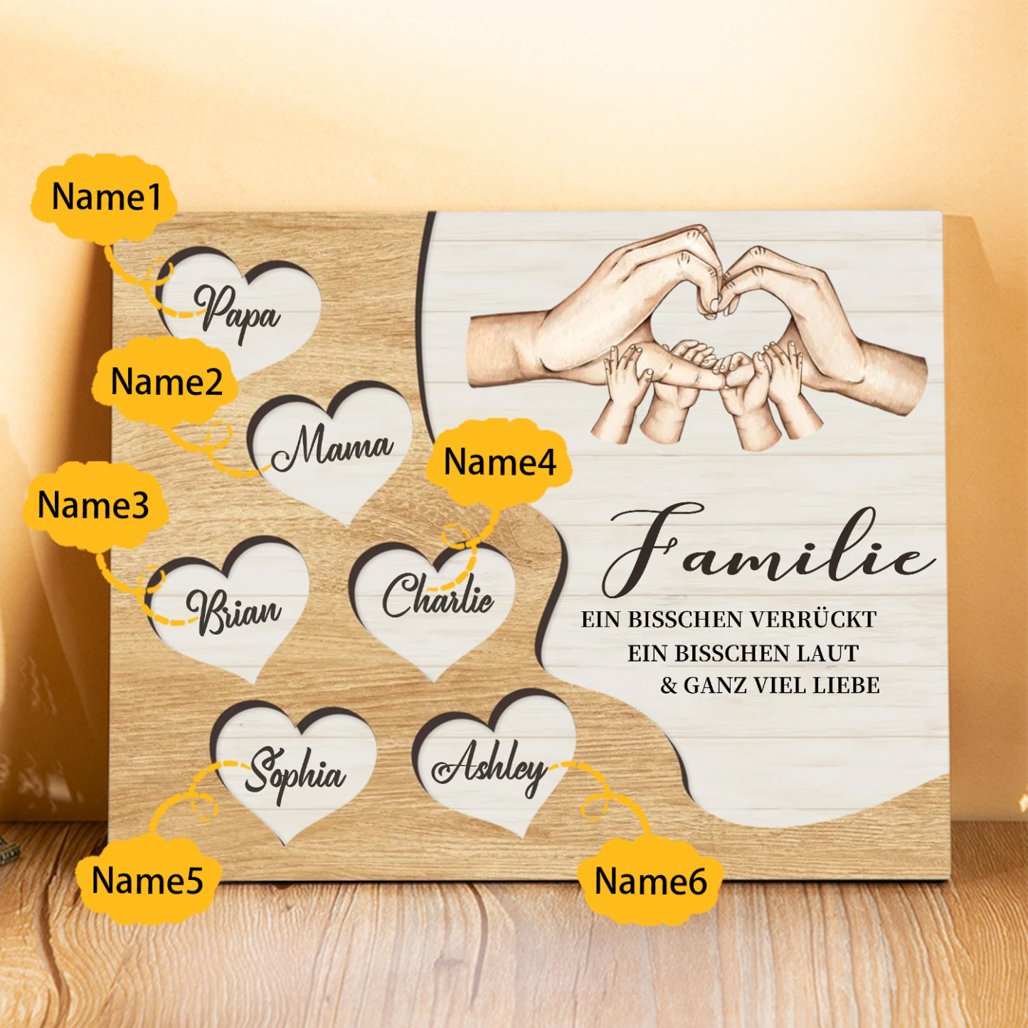 Familie Holzbild – Personalisierte 6 Namen Herzform Hand-Geste Holzdekoration Geschenk für Familie