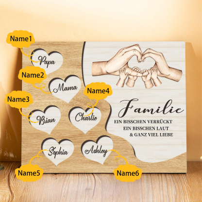 Familie Holzbild – Personalisierte 6 Namen Herzform Hand-Geste Holzdekoration Geschenk für Familie