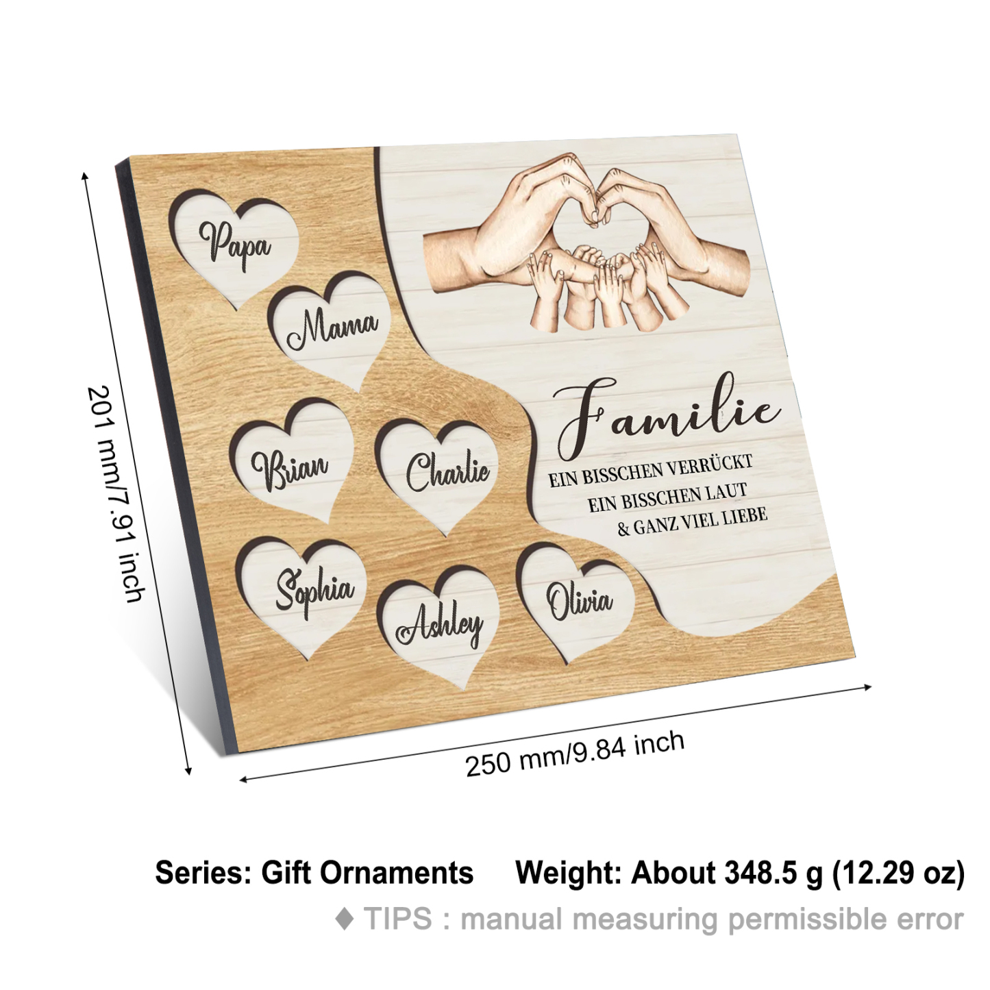 Familie Holzbild – Personalisierte 7 Namen Herzform Hand-Geste Holzdekoration Geschenk für Familie