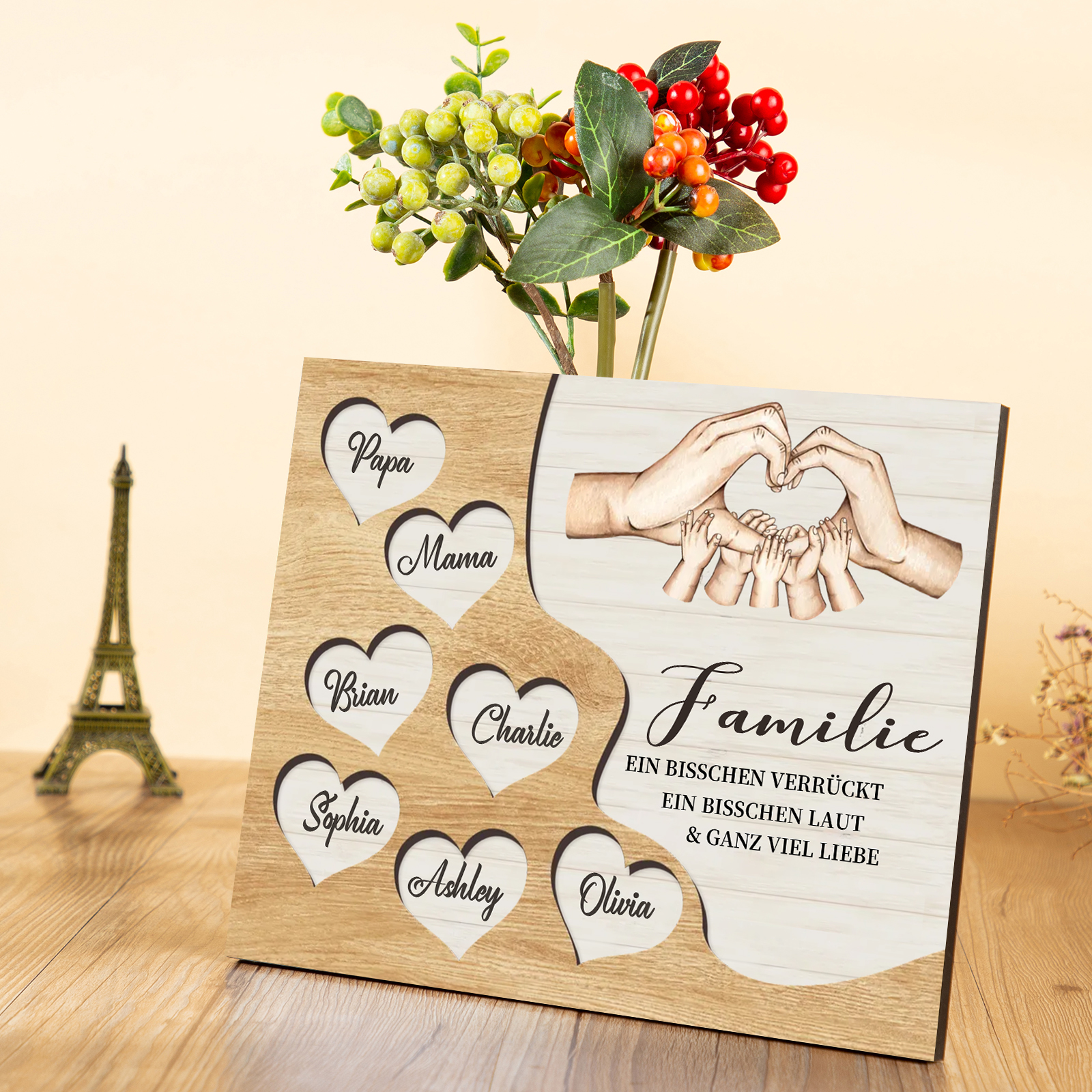 Familie Holzbild – Personalisierte 7 Namen Herzform Hand-Geste Holzdekoration Geschenk für Familie