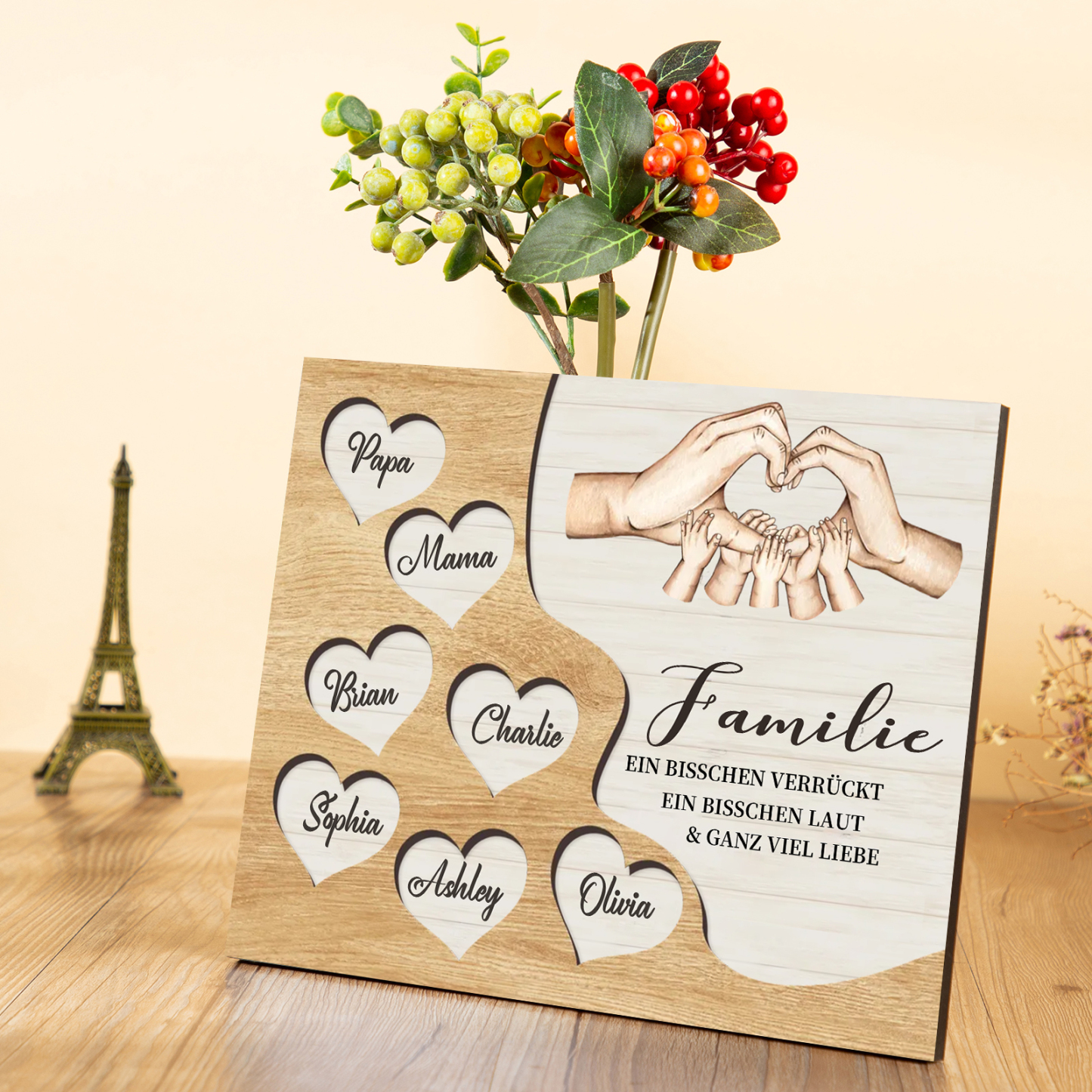 Familie Holzbild – Personalisierte 7 Namen Herzform Hand-Geste Holzdekoration Geschenk für Familie