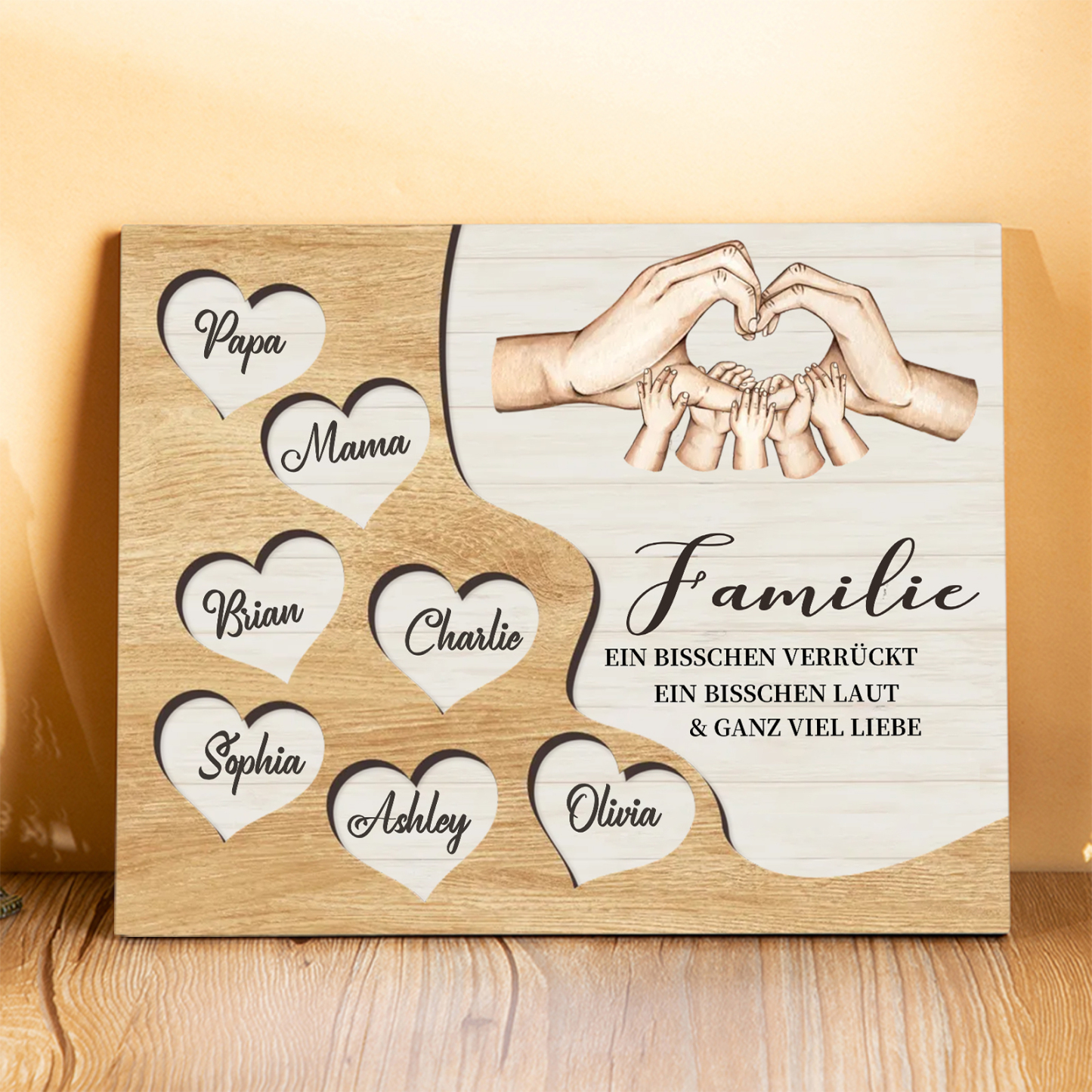 Familie Holzbild – Personalisierte 7 Namen Herzform Hand-Geste Holzdekoration Geschenk für Familie