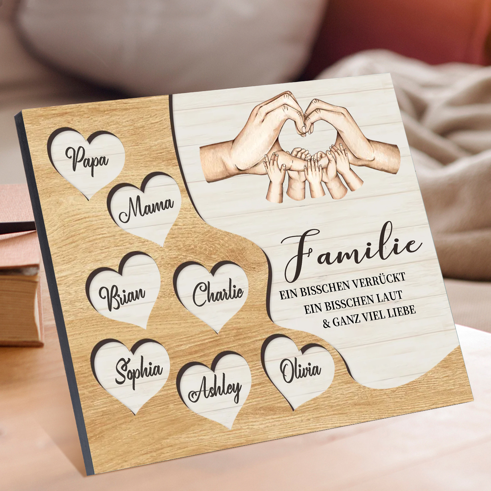Familie Holzbild – Personalisierte 7 Namen Herzform Hand-Geste Holzdekoration Geschenk für Familie