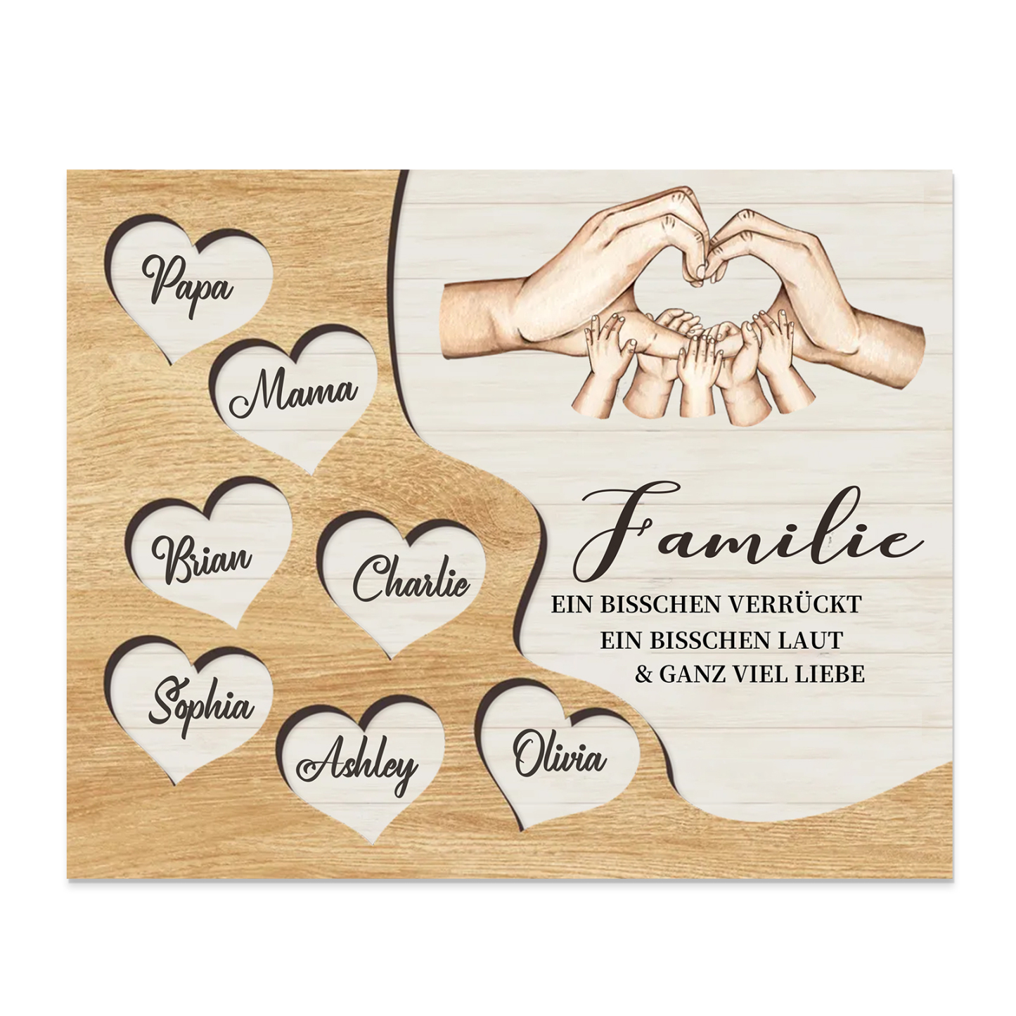 Familie Holzbild – Personalisierte 7 Namen Herzform Hand-Geste Holzdekoration Geschenk für Familie