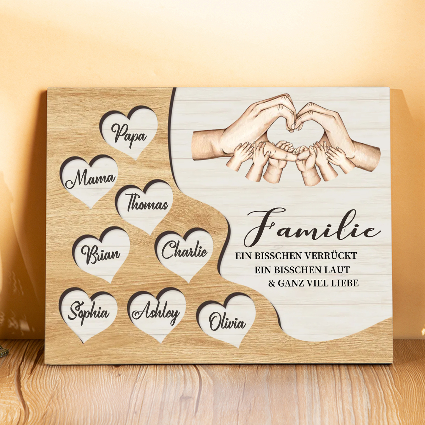 Familie Holzbild – Personalisierte 8 Namen Herzform Hand-Geste Holzdekoration Geschenk für Familie