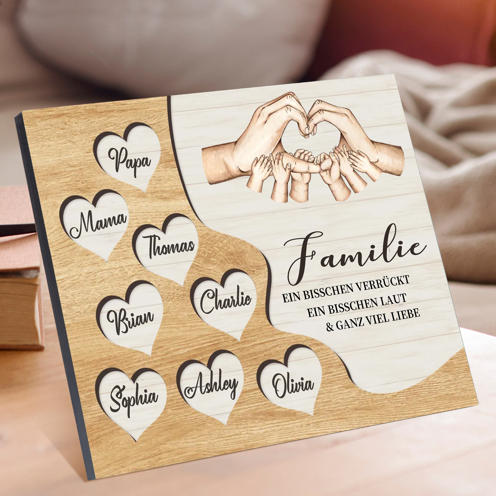Familie Holzbild – Personalisierte 8 Namen Herzform Hand-Geste Holzdekoration Geschenk für Familie