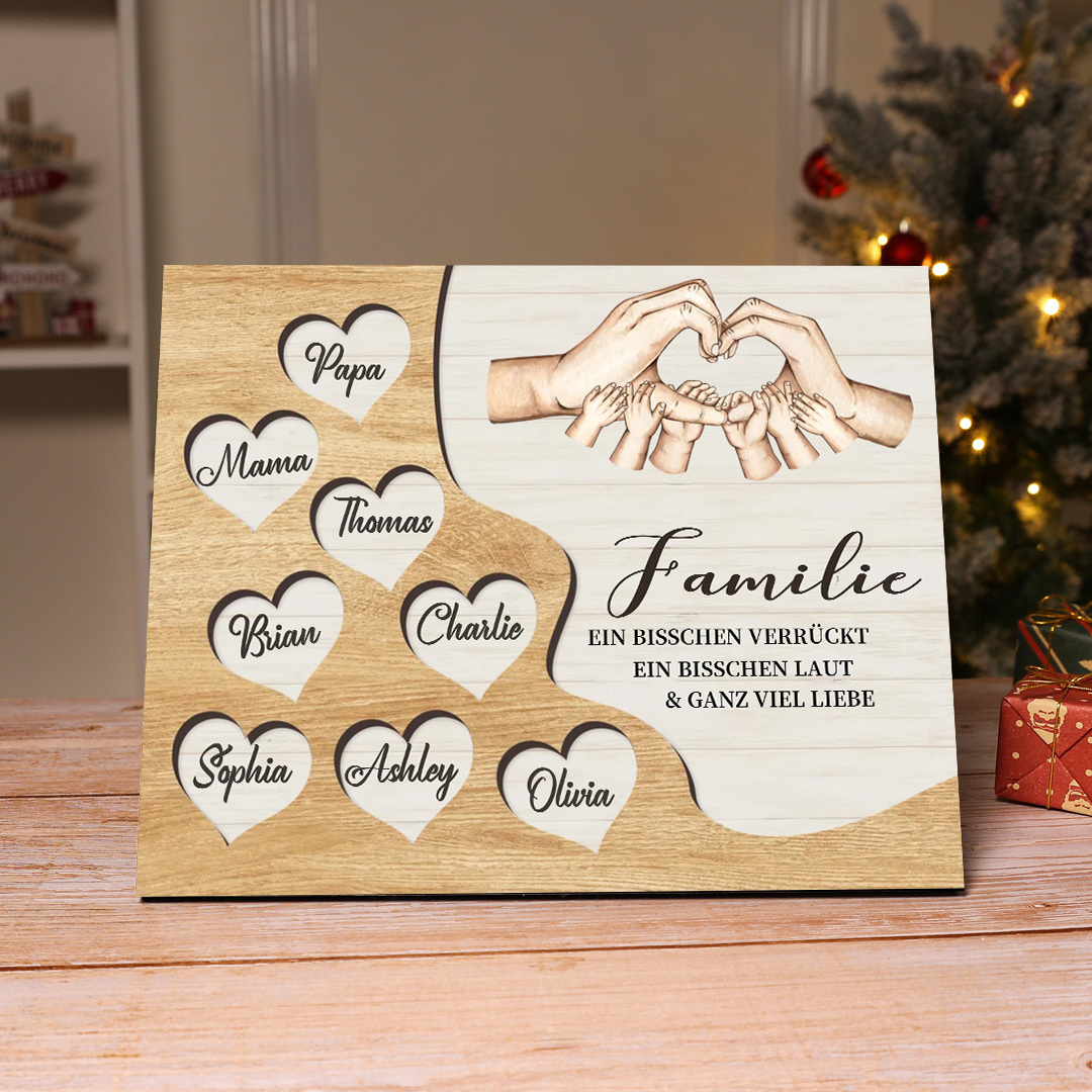 Familie Holzbild – Personalisierte 8 Namen Herzform Hand-Geste Holzdekoration Geschenk für Familie