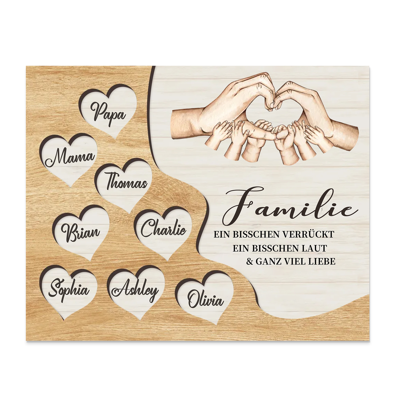 Familie Holzbild – Personalisierte 8 Namen Herzform Hand-Geste Holzdekoration Geschenk für Familie