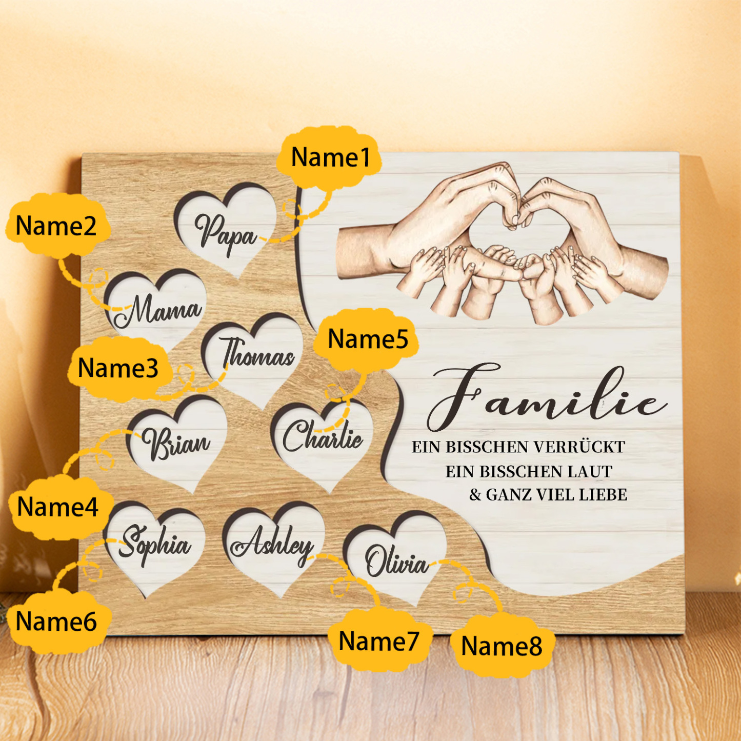 Familie Holzbild – Personalisierte 8 Namen Herzform Hand-Geste Holzdekoration Geschenk für Familie