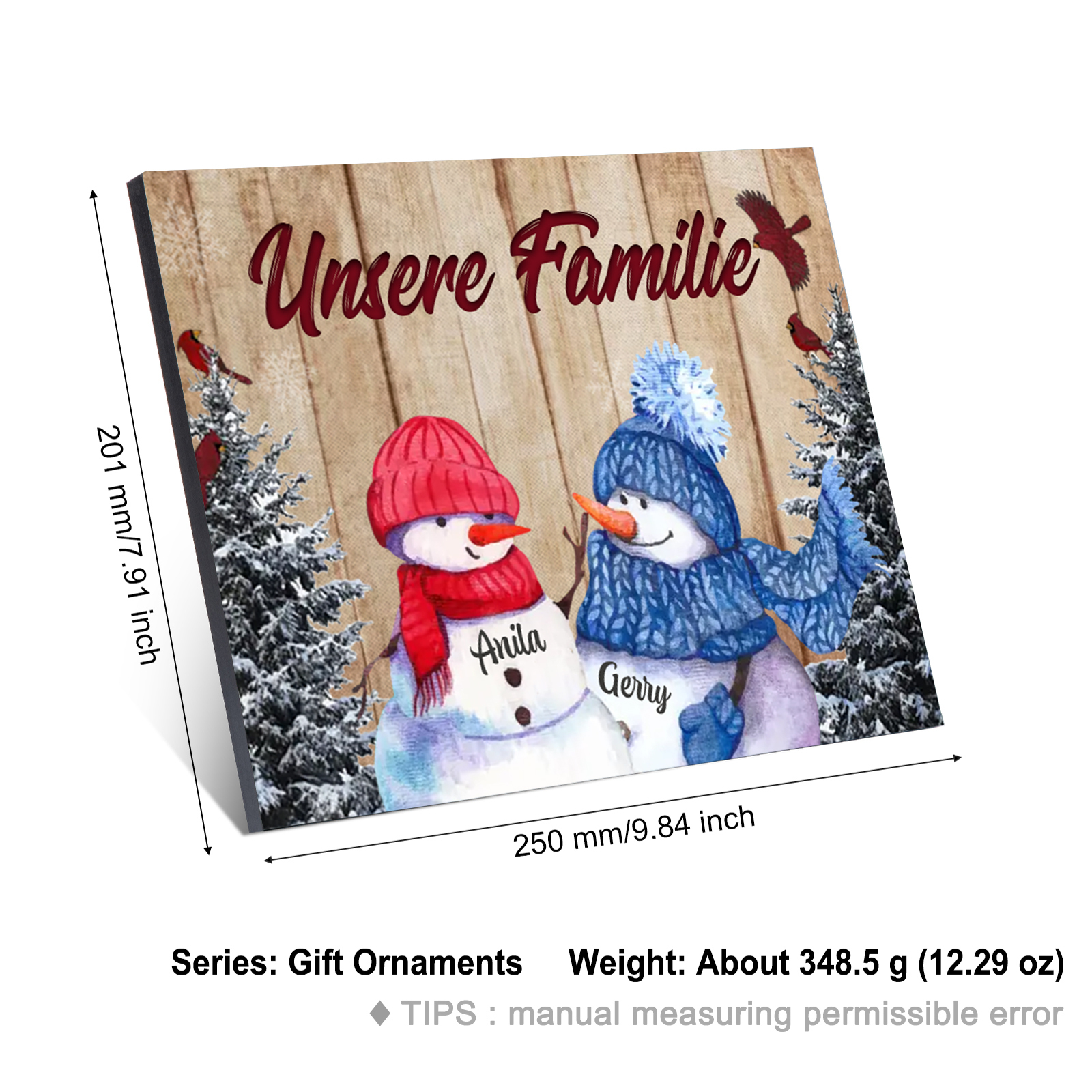 Personalisierte 2 Namen & Text Familie Holzbild mit Schneemann-Holzdekoration Geschenk für Familie