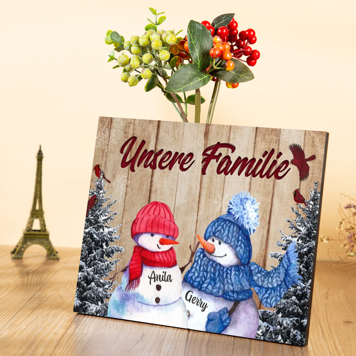 Personalisierte 2 Namen & Text Familie Holzbild mit Schneemann-Holzdekoration Geschenk für Familie