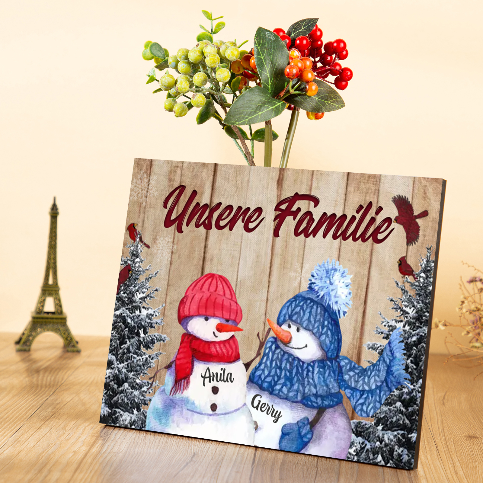 Personalisierte 2 Namen & Text Familie Holzbild mit Schneemann-Holzdekoration Geschenk für Familie