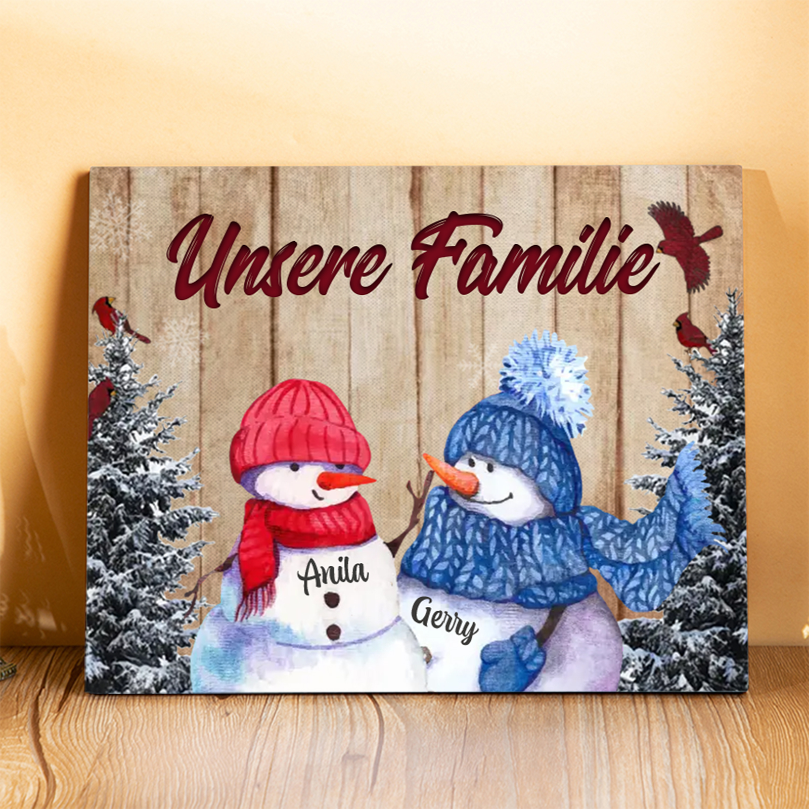 Personalisierte 2 Namen & Text Familie Holzbild mit Schneemann-Holzdekoration Geschenk für Familie