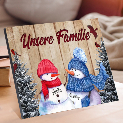Personalisierte 2 Namen & Text Familie Holzbild mit Schneemann-Holzdekoration Geschenk für Familie