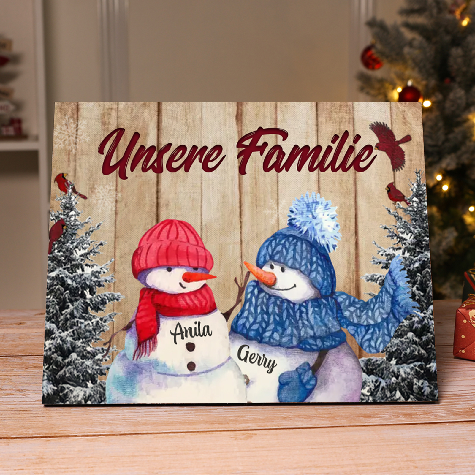Personalisierte 2 Namen & Text Familie Holzbild mit Schneemann-Holzdekoration Geschenk für Familie