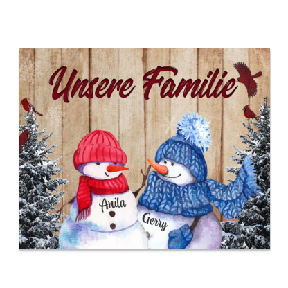 Personalisierte 2 Namen & Text Familie Holzbild mit Schneemann-Holzdekoration Geschenk für Familie