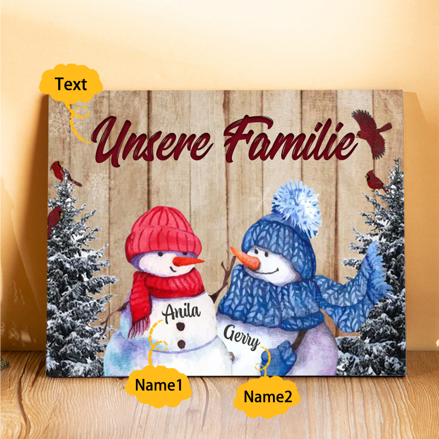 Personalisierte 2 Namen & Text Familie Holzbild mit Schneemann-Holzdekoration Geschenk für Familie