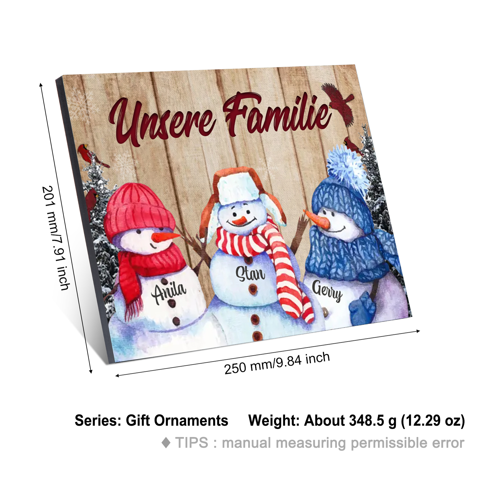 Personalisierte 3 Namen & Text Familie Holzbild mit Schneemann-Holzdekoration Geschenk für Familie