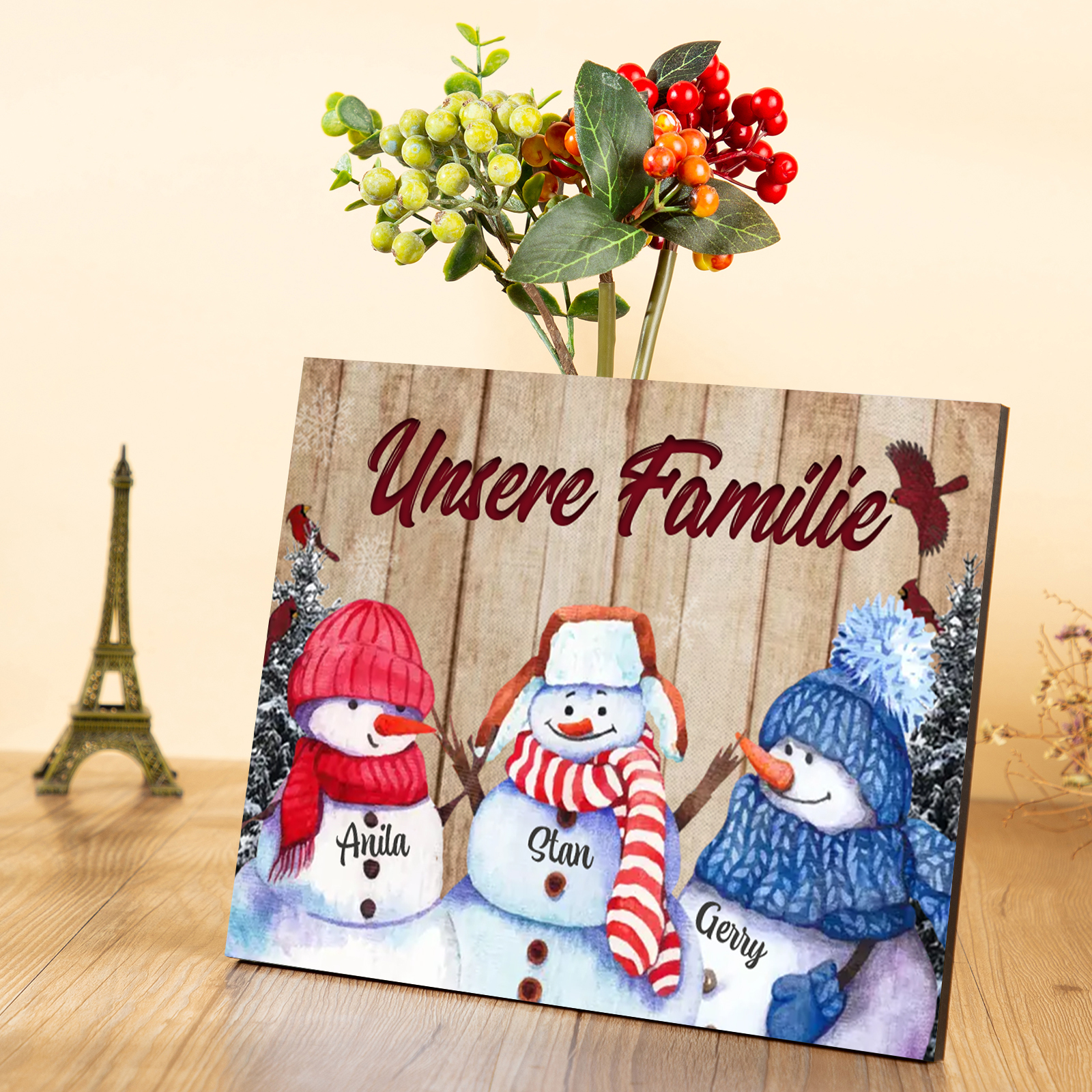Personalisierte 3 Namen & Text Familie Holzbild mit Schneemann-Holzdekoration Geschenk für Familie