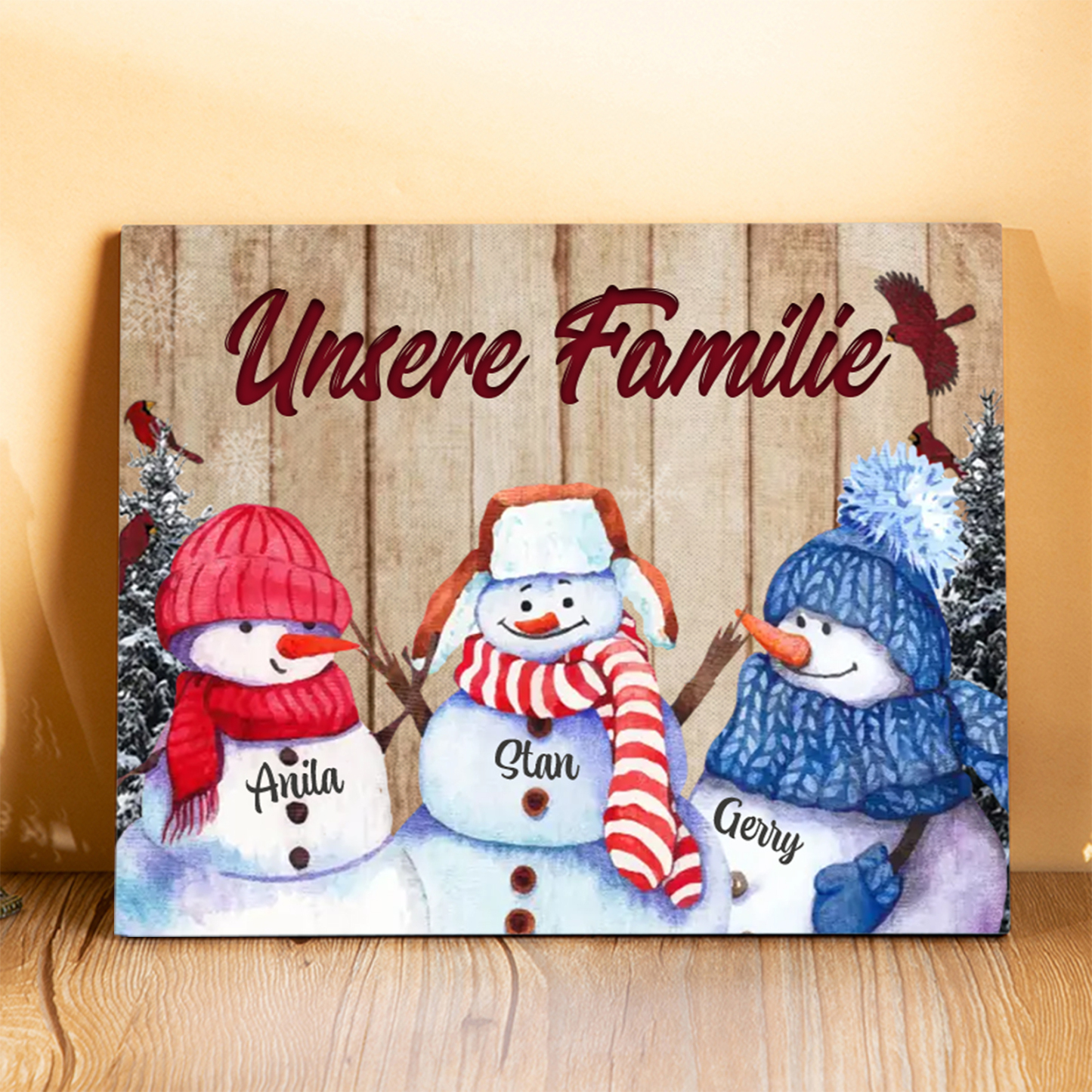 Personalisierte 3 Namen & Text Familie Holzbild mit Schneemann-Holzdekoration Geschenk für Familie
