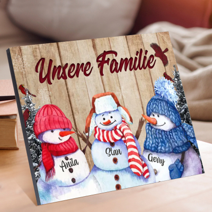 Personalisierte 3 Namen & Text Familie Holzbild mit Schneemann-Holzdekoration Geschenk für Familie