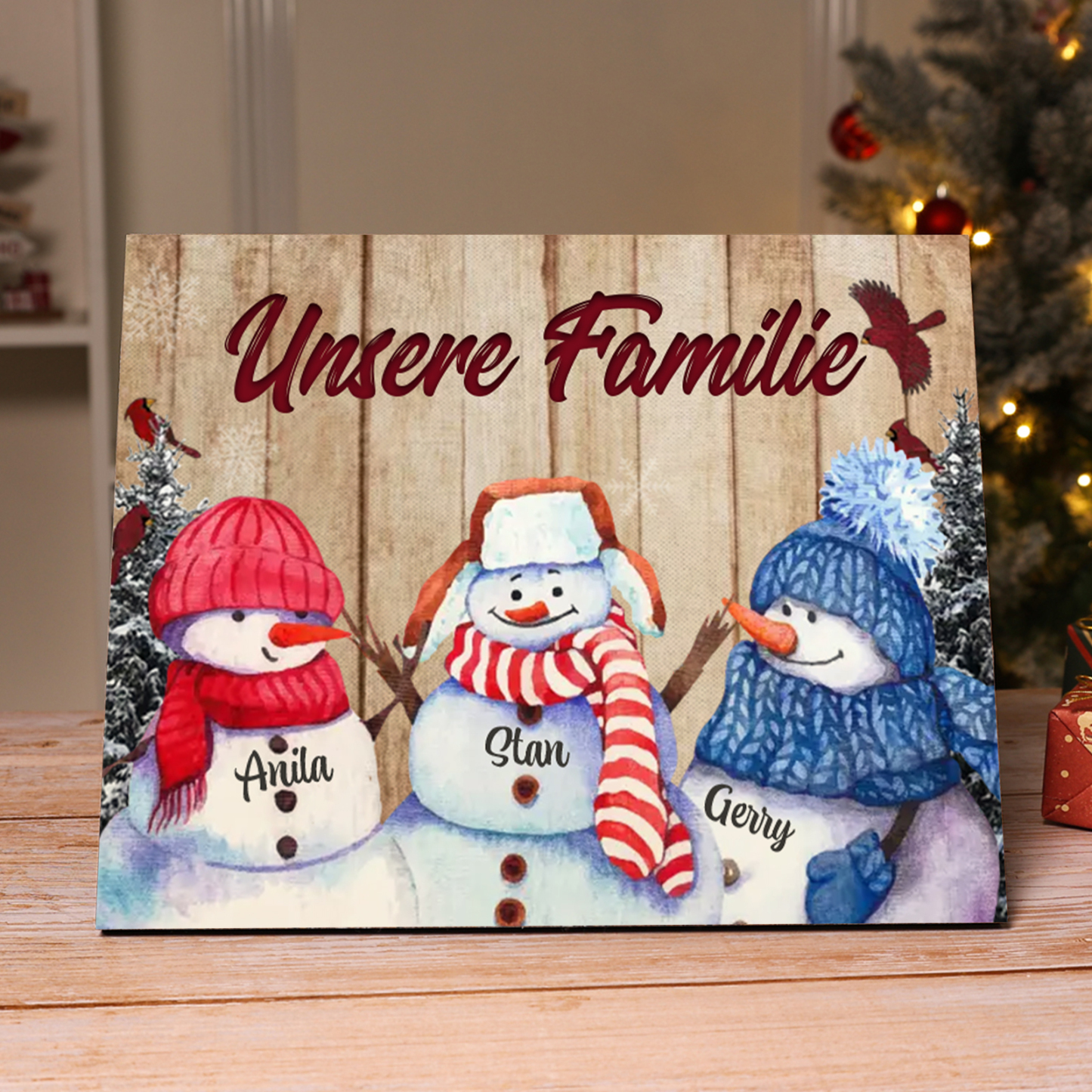 Personalisierte 3 Namen & Text Familie Holzbild mit Schneemann-Holzdekoration Geschenk für Familie