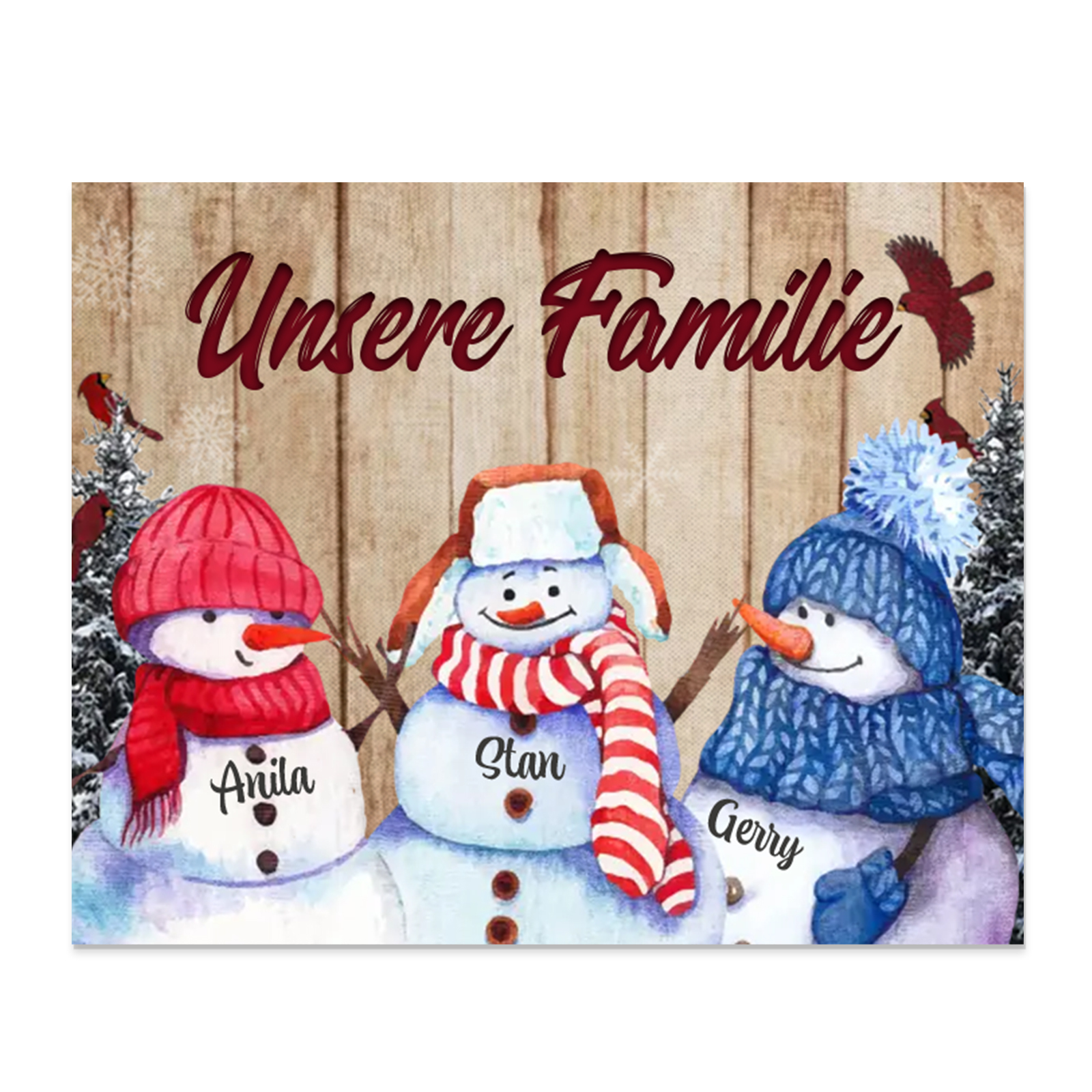 Personalisierte 3 Namen & Text Familie Holzbild mit Schneemann-Holzdekoration Geschenk für Familie
