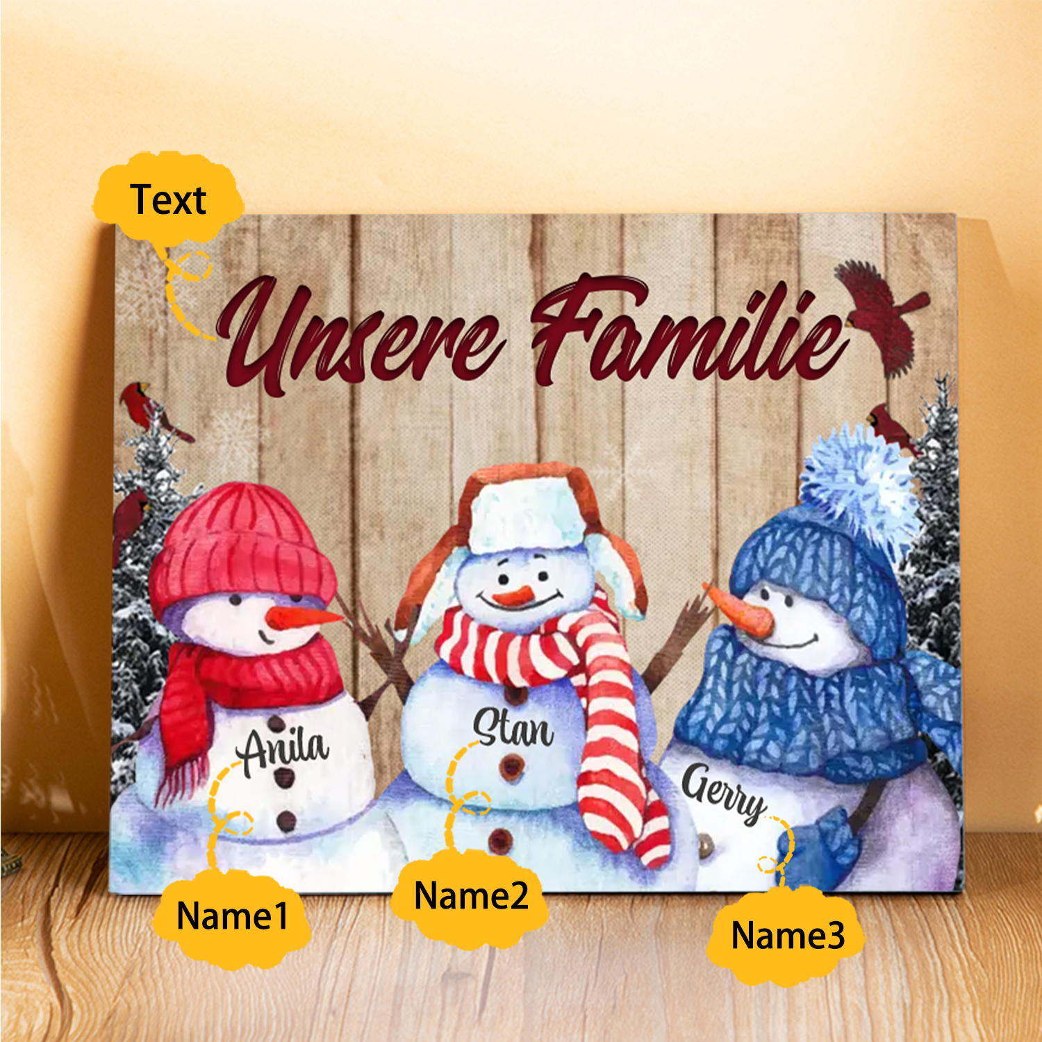 Personalisierte 3 Namen & Text Familie Holzbild mit Schneemann-Holzdekoration Geschenk für Familie