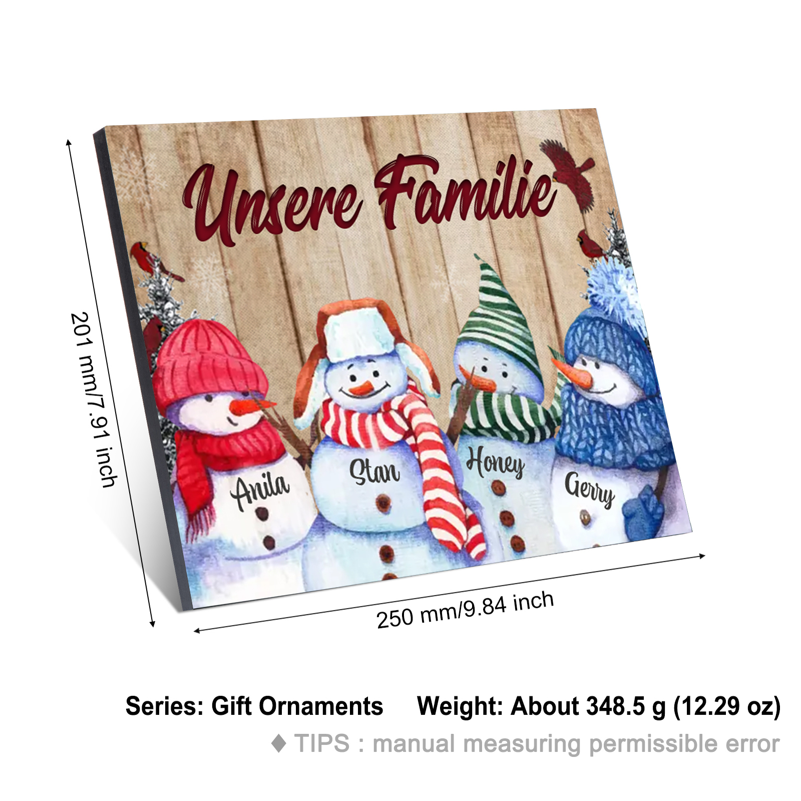 Personalisierte 4 Namen & Text Familie Holzbild mit Schneemann-Holzdekoration Geschenk für Familie