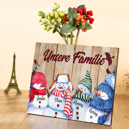 Personalisierte 4 Namen & Text Familie Holzbild mit Schneemann-Holzdekoration Geschenk für Familie