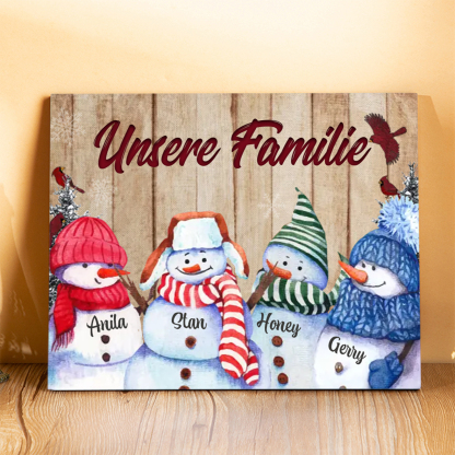 Personalisierte 4 Namen & Text Familie Holzbild mit Schneemann-Holzdekoration Geschenk für Familie
