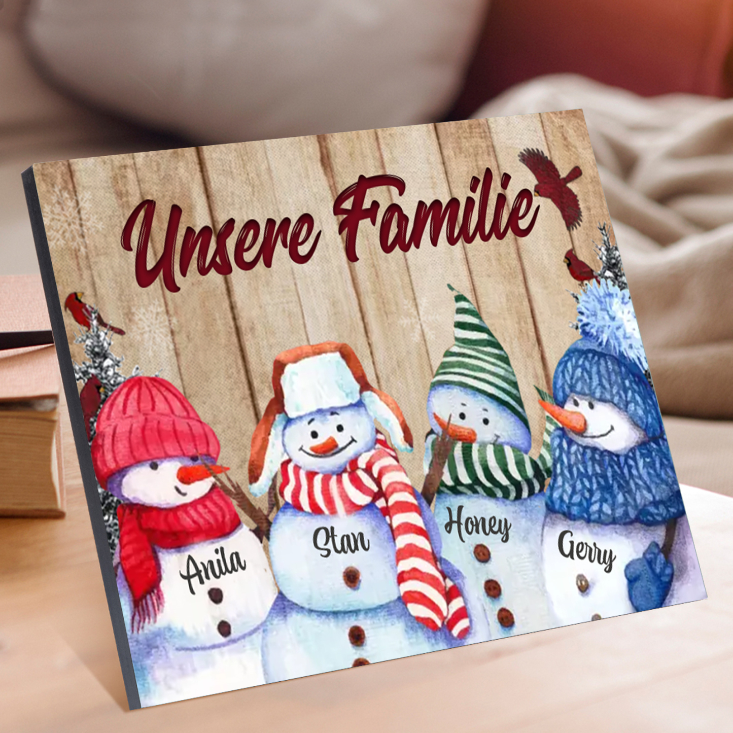 Personalisierte 4 Namen & Text Familie Holzbild mit Schneemann-Holzdekoration Geschenk für Familie