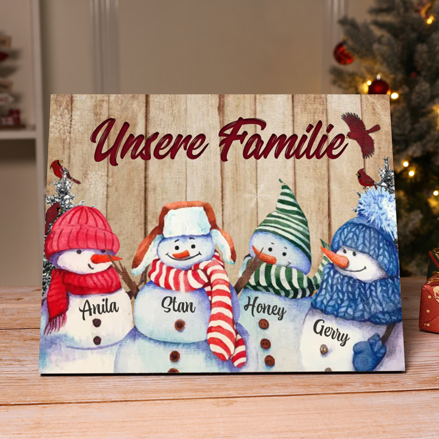 Personalisierte 4 Namen & Text Familie Holzbild mit Schneemann-Holzdekoration Geschenk für Familie