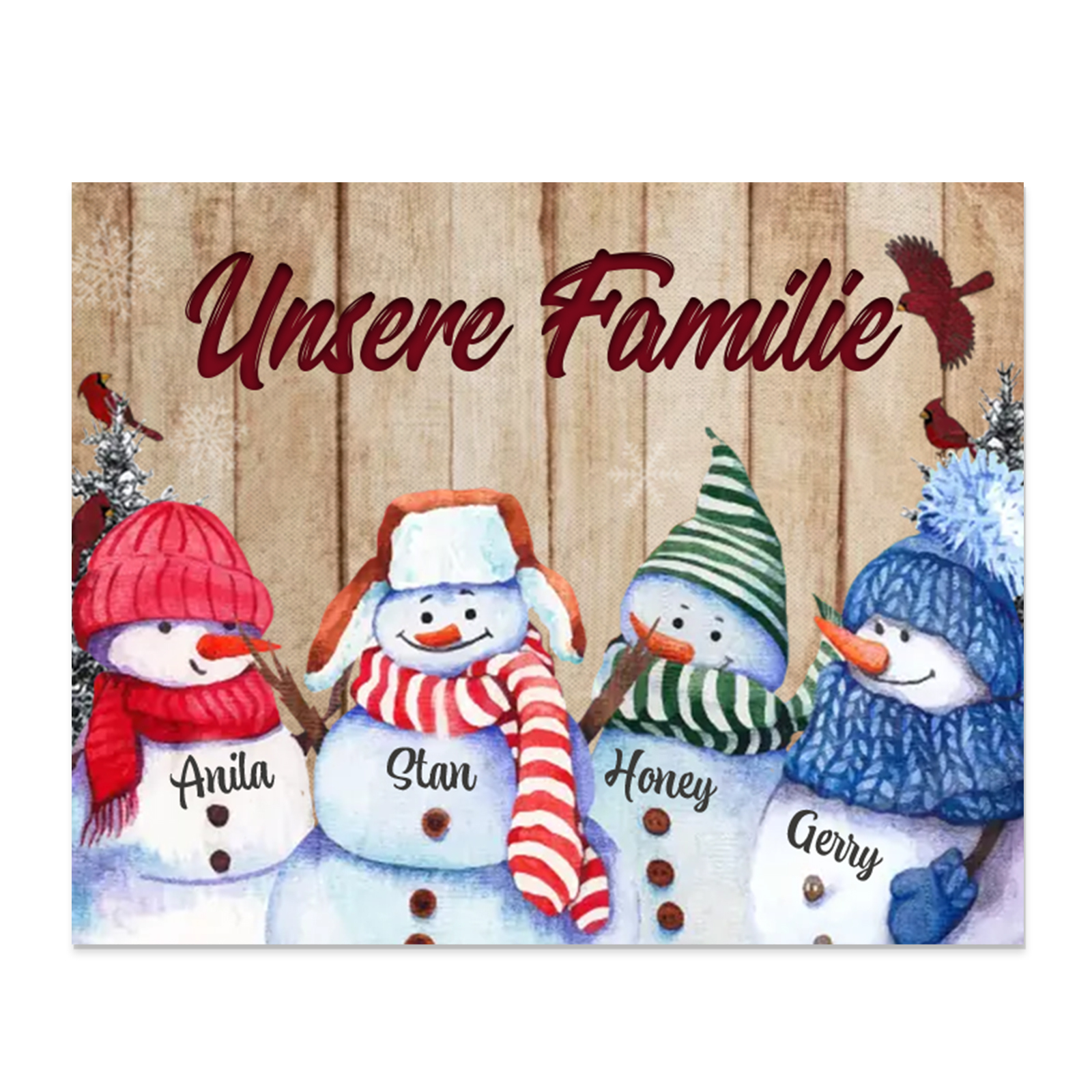 Personalisierte 4 Namen & Text Familie Holzbild mit Schneemann-Holzdekoration Geschenk für Familie