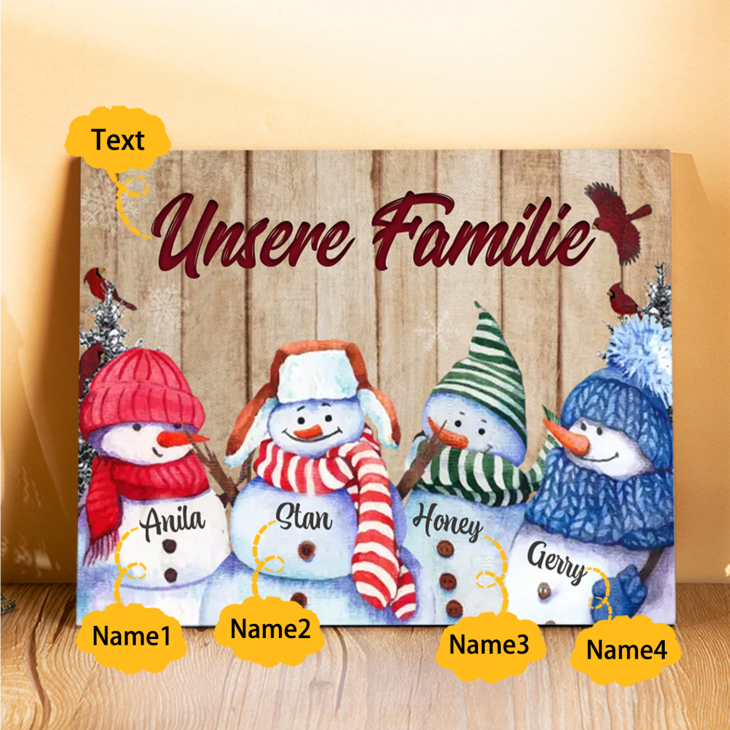 Personalisierte 4 Namen & Text Familie Holzbild mit Schneemann-Holzdekoration Geschenk für Familie