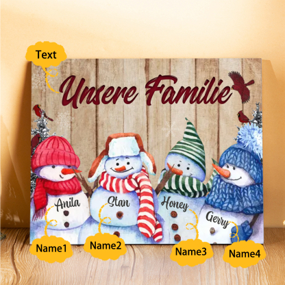 Personalisierte 4 Namen & Text Familie Holzbild mit Schneemann-Holzdekoration Geschenk für Familie