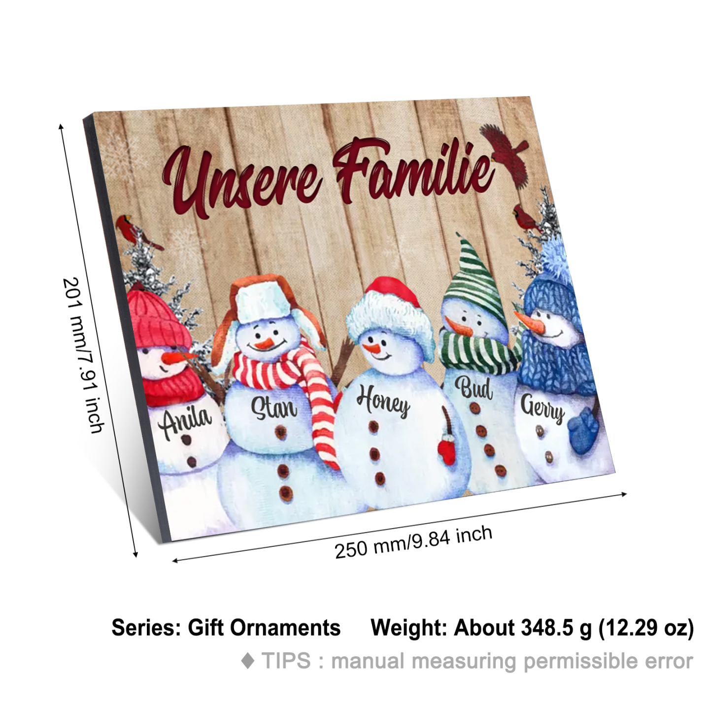 Personalisierte 5 Namen & Text Familie Holzbild mit Schneemann-Holzdekoration Geschenk für Familie
