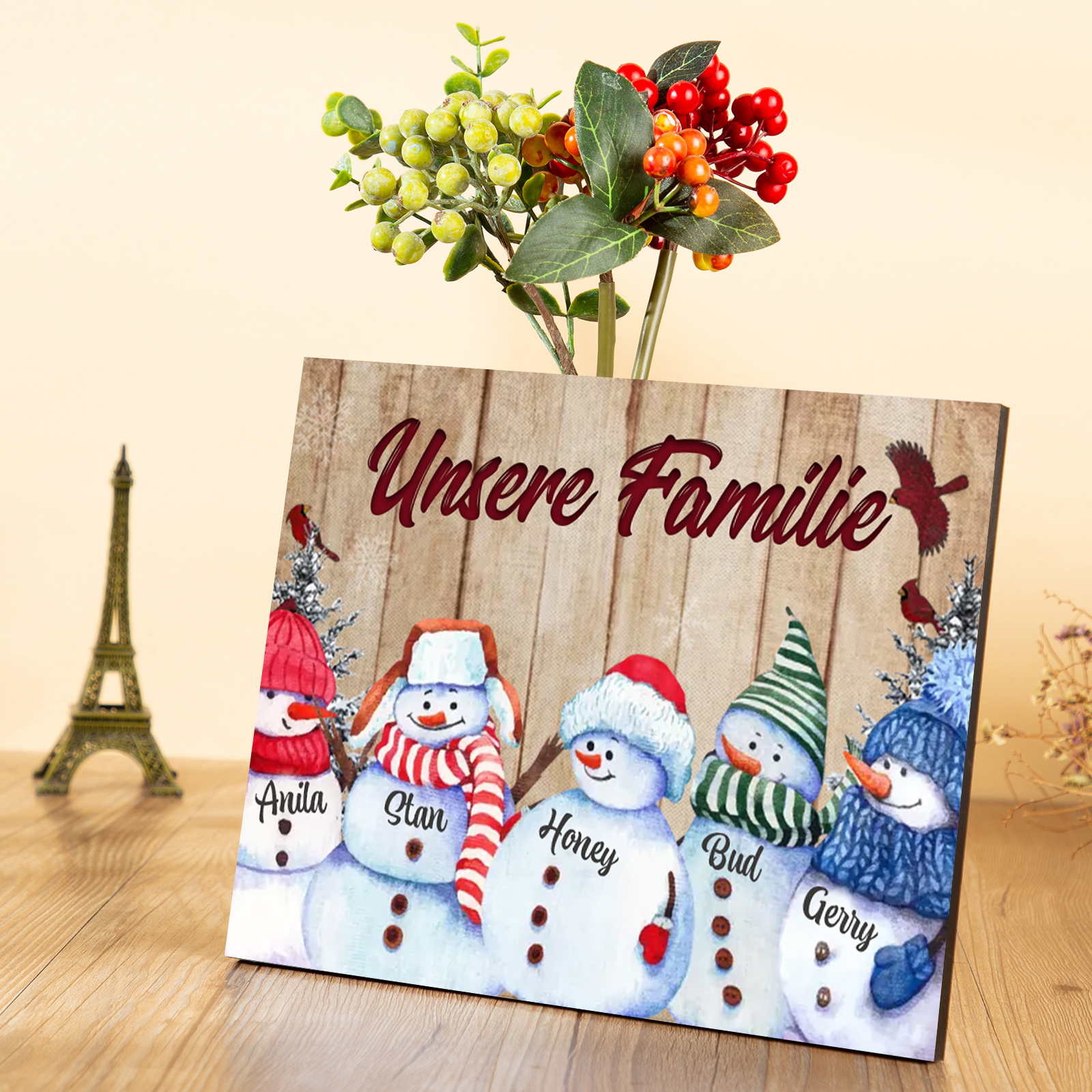 Personalisierte 5 Namen & Text Familie Holzbild mit Schneemann-Holzdekoration Geschenk für Familie