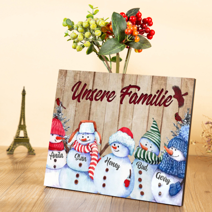Personalisierte 5 Namen & Text Familie Holzbild mit Schneemann-Holzdekoration Geschenk für Familie