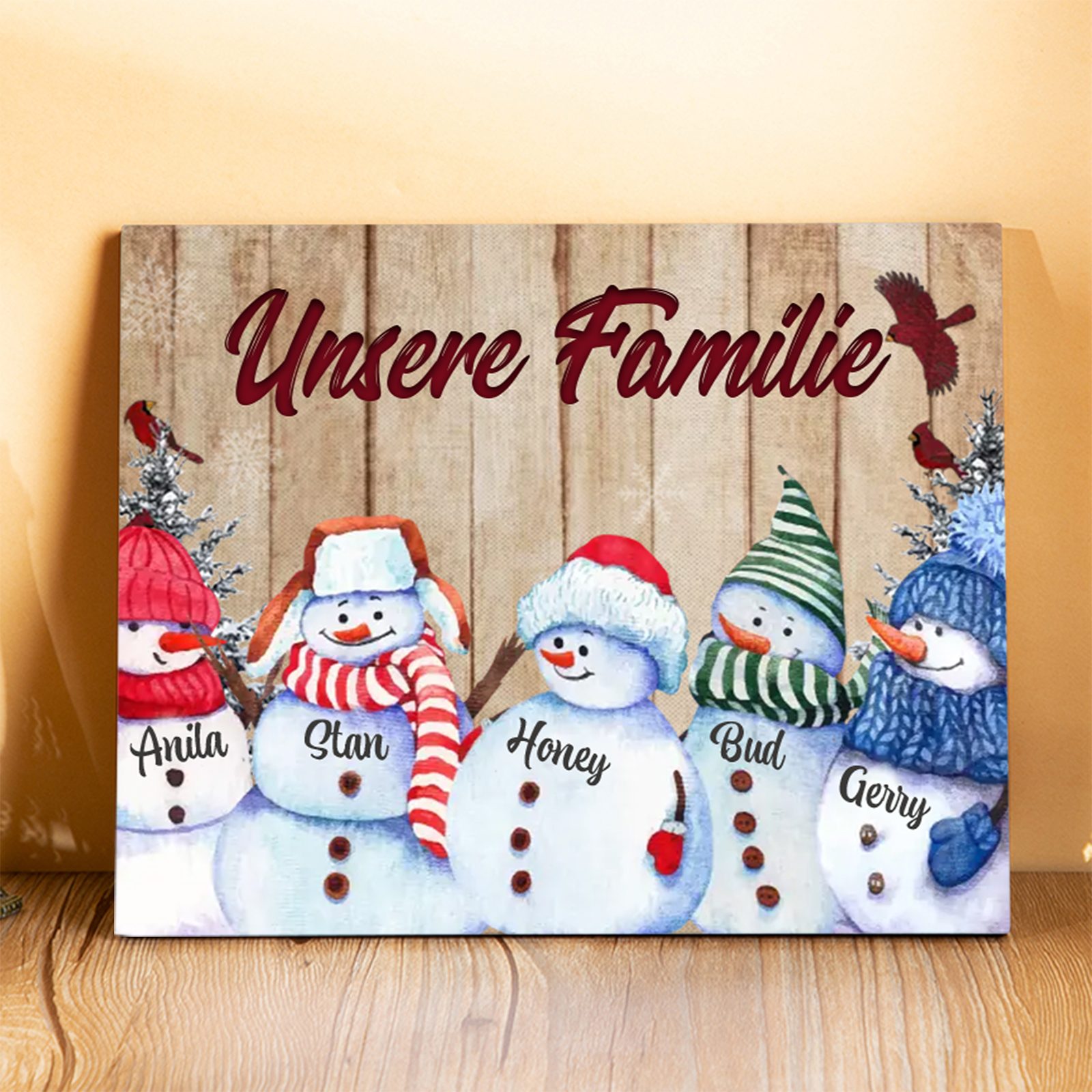 Personalisierte 5 Namen & Text Familie Holzbild mit Schneemann-Holzdekoration Geschenk für Familie