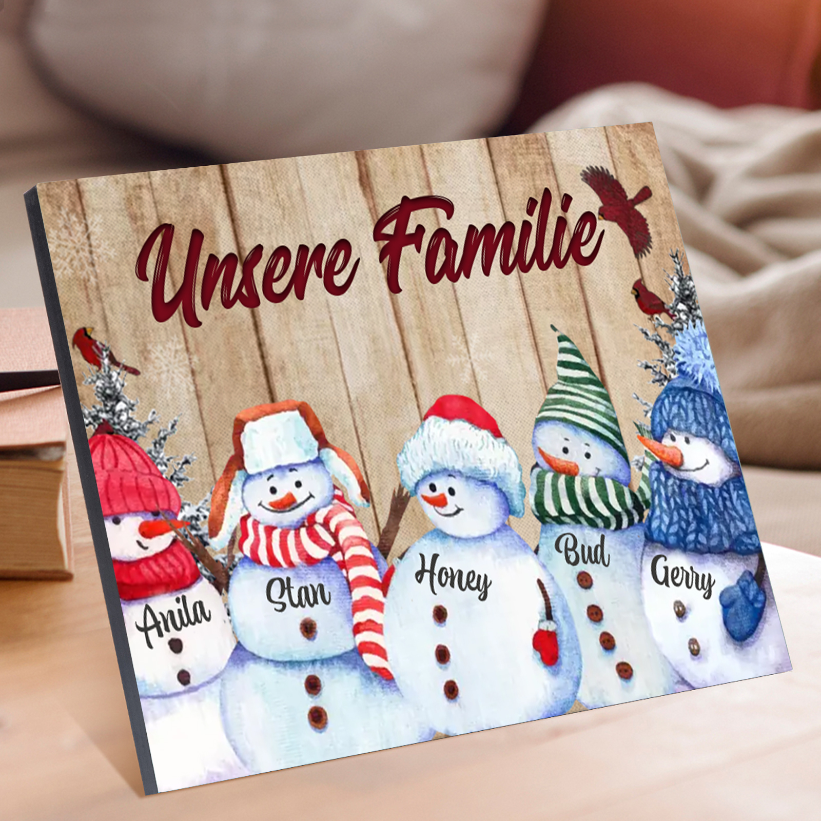 Personalisierte 5 Namen & Text Familie Holzbild mit Schneemann-Holzdekoration Geschenk für Familie
