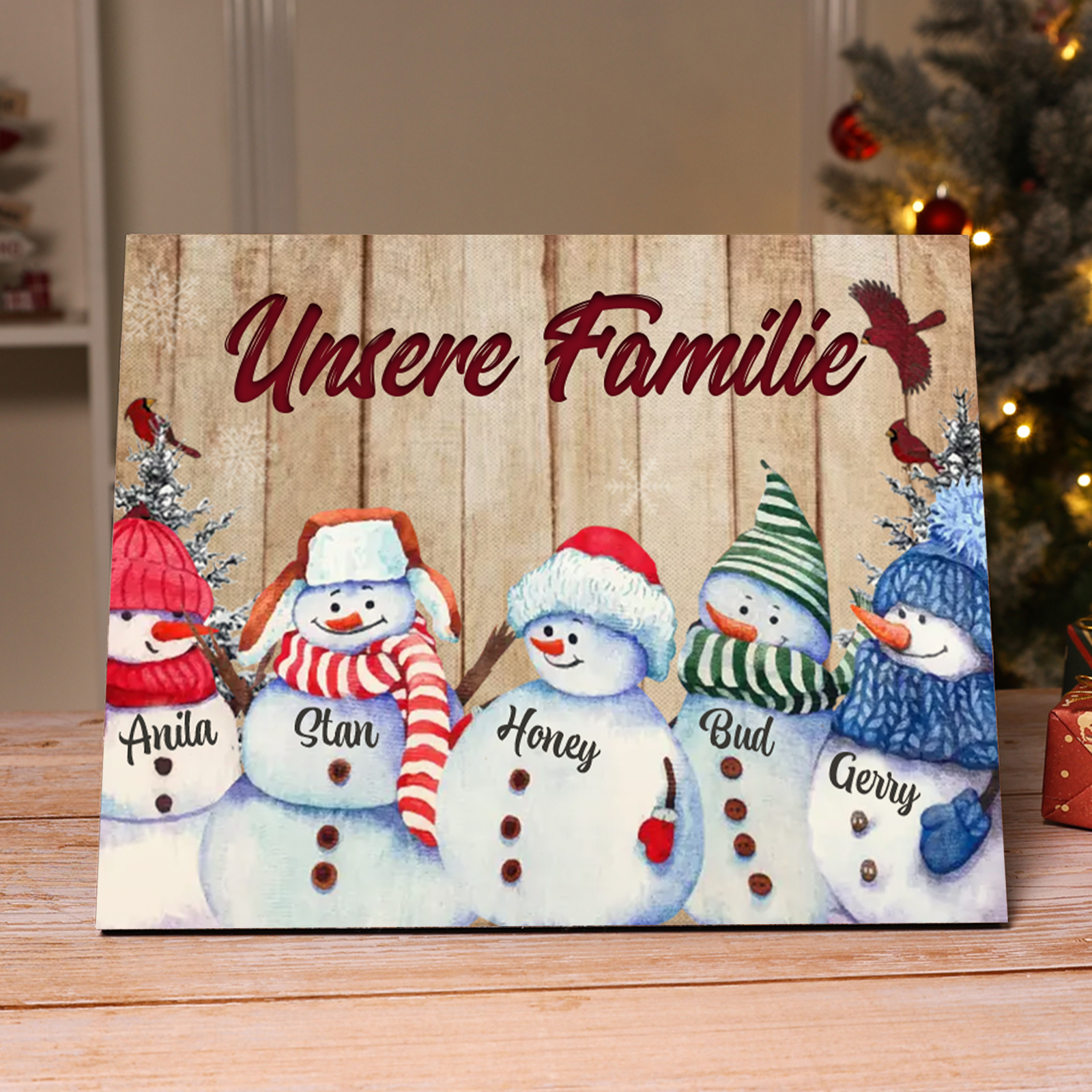 Personalisierte 5 Namen & Text Familie Holzbild mit Schneemann-Holzdekoration Geschenk für Familie