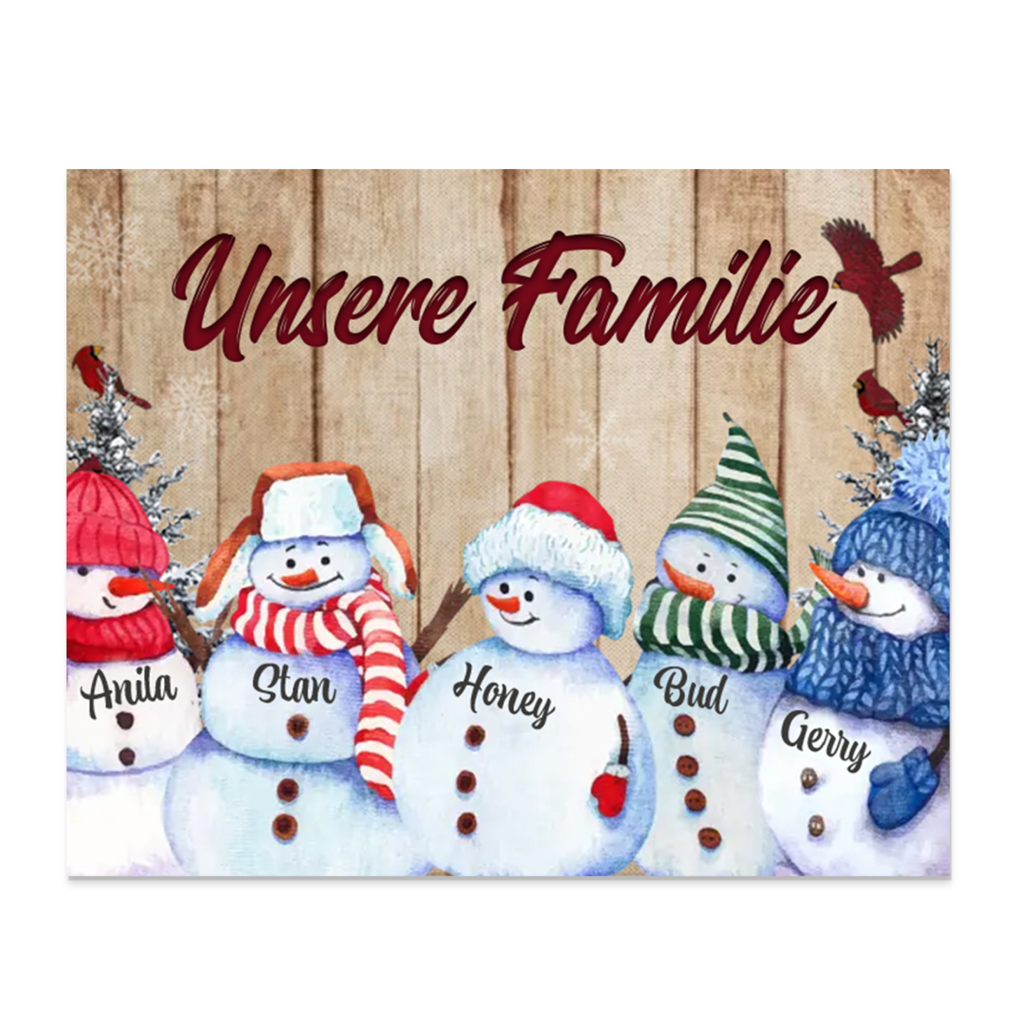 Personalisierte 5 Namen & Text Familie Holzbild mit Schneemann-Holzdekoration Geschenk für Familie