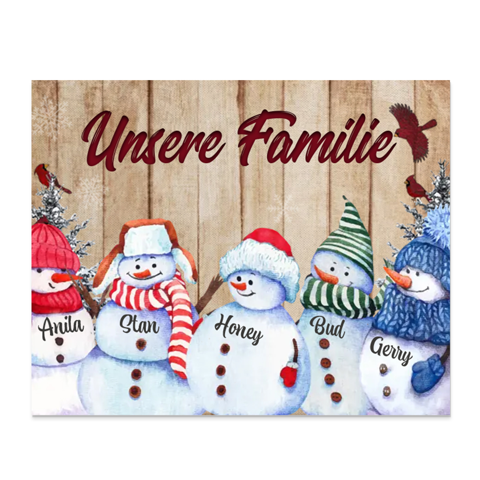 Personalisierte 5 Namen & Text Familie Holzbild mit Schneemann-Holzdekoration Geschenk für Familie