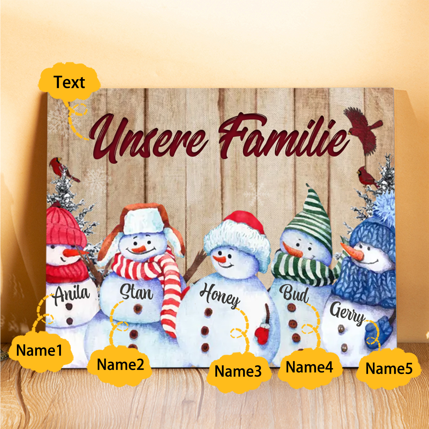 Personalisierte 5 Namen & Text Familie Holzbild mit Schneemann-Holzdekoration Geschenk für Familie