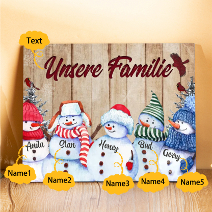 Personalisierte 5 Namen & Text Familie Holzbild mit Schneemann-Holzdekoration Geschenk für Familie