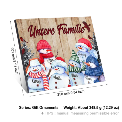 Personalisierte 6 Namen & Text Familie Holzbild mit Schneemann-Holzdekoration Geschenk für Familie