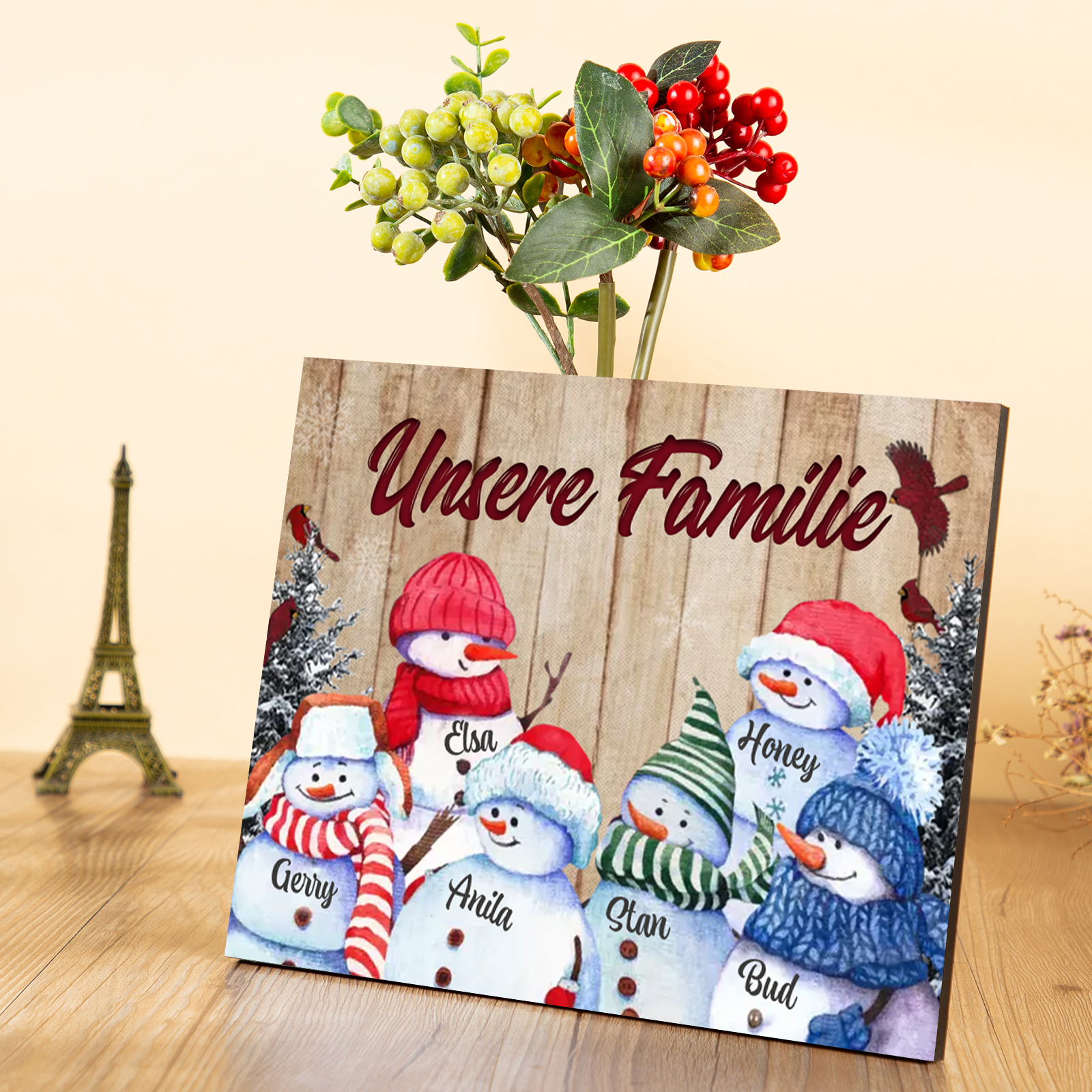 Personalisierte 6 Namen & Text Familie Holzbild mit Schneemann-Holzdekoration Geschenk für Familie
