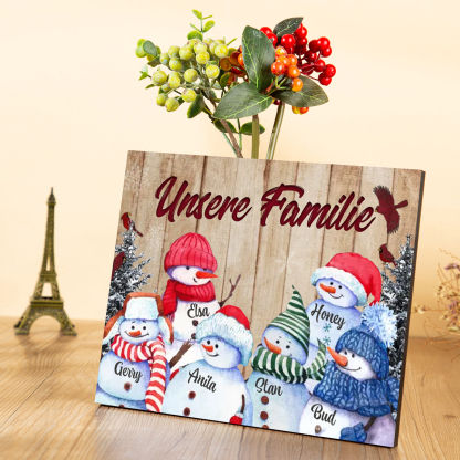 Personalisierte 6 Namen & Text Familie Holzbild mit Schneemann-Holzdekoration Geschenk für Familie