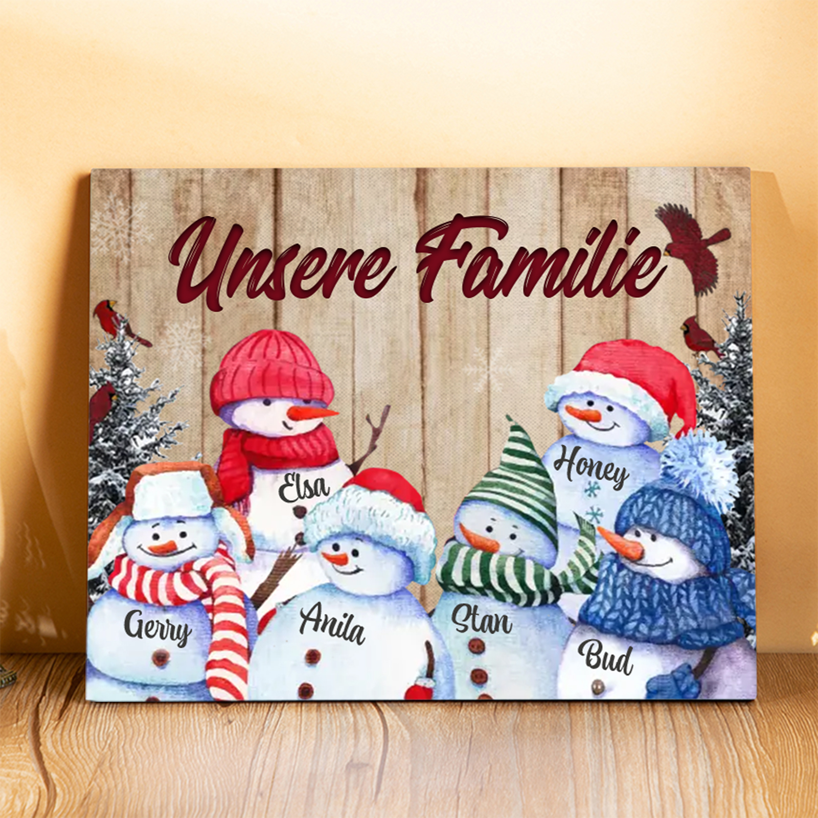 Personalisierte 6 Namen & Text Familie Holzbild mit Schneemann-Holzdekoration Geschenk für Familie